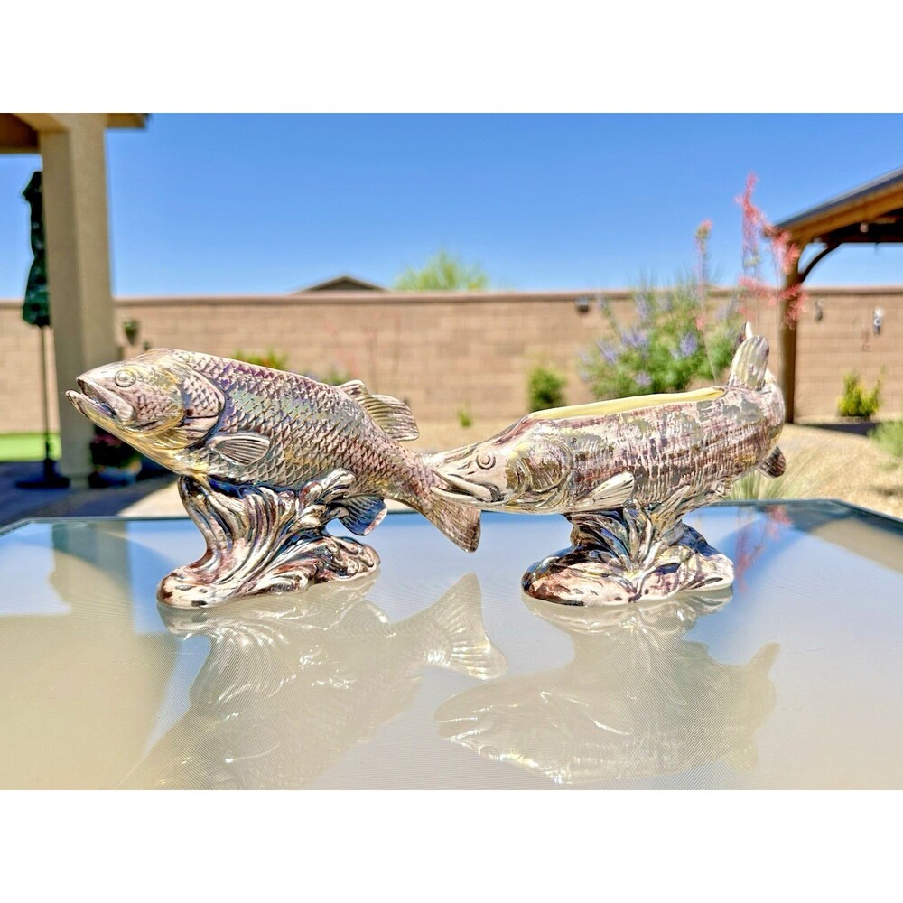 2 Vintage Mid-Century Ceramic Fish Planter Iridescent Luster Glazed Pottery MCM